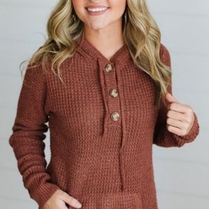 Hooded henley waffle knit top, size Small